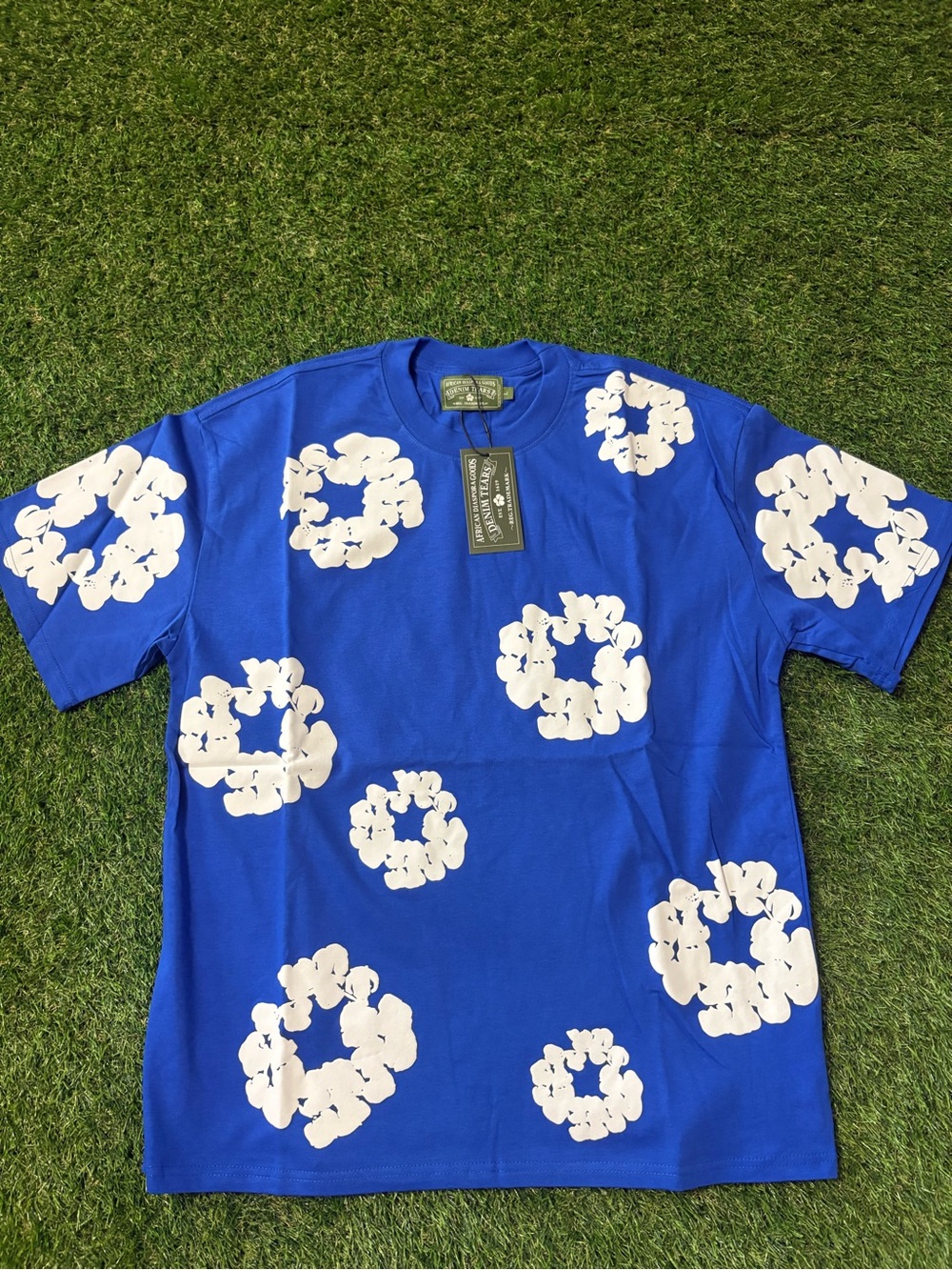 Men's Blue Graphic Crewneck T-Shirt with White Floral Prints